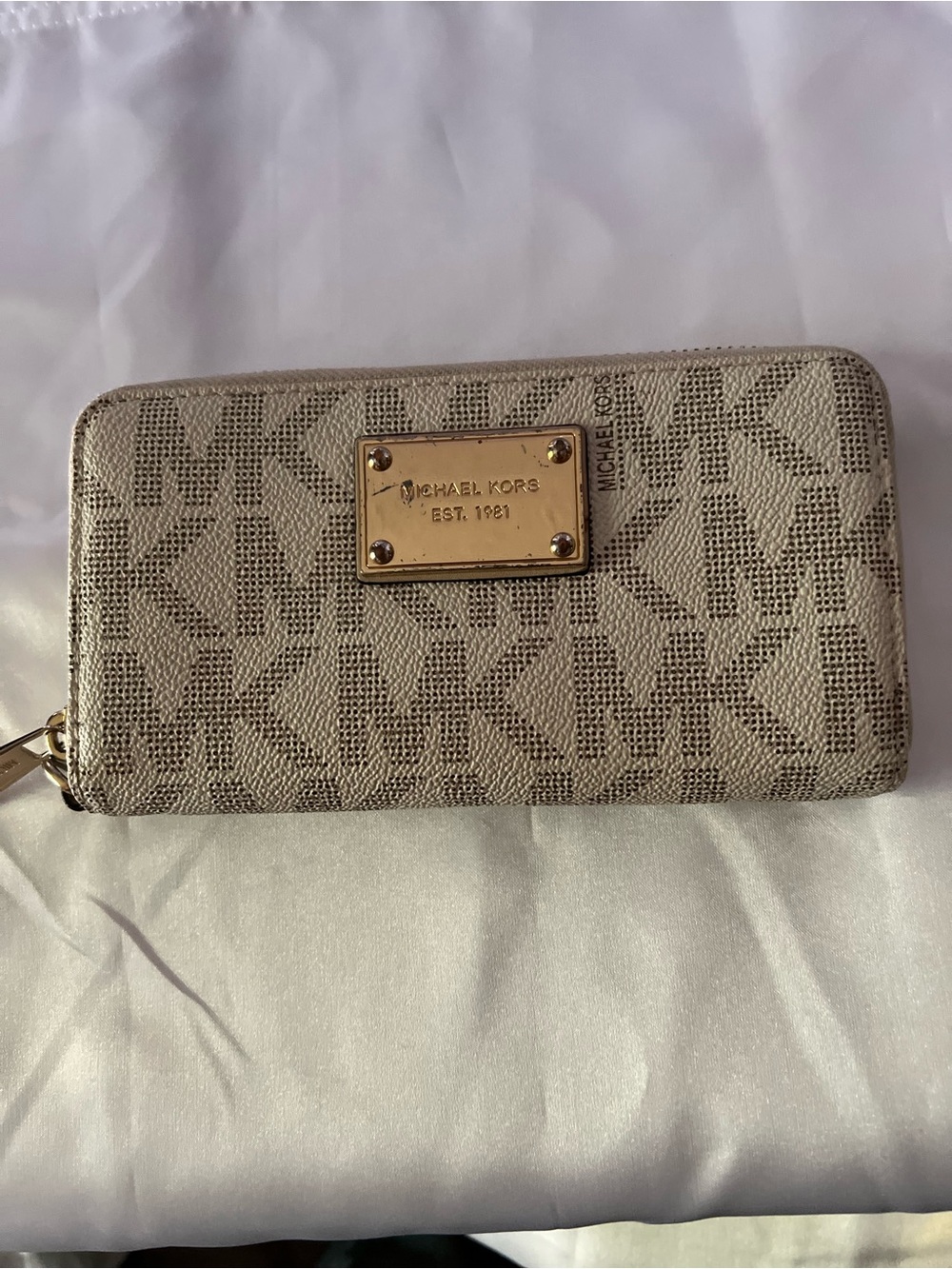 Michael Kors Tan Signature MK Zip Around Wallet with Gold Plaque